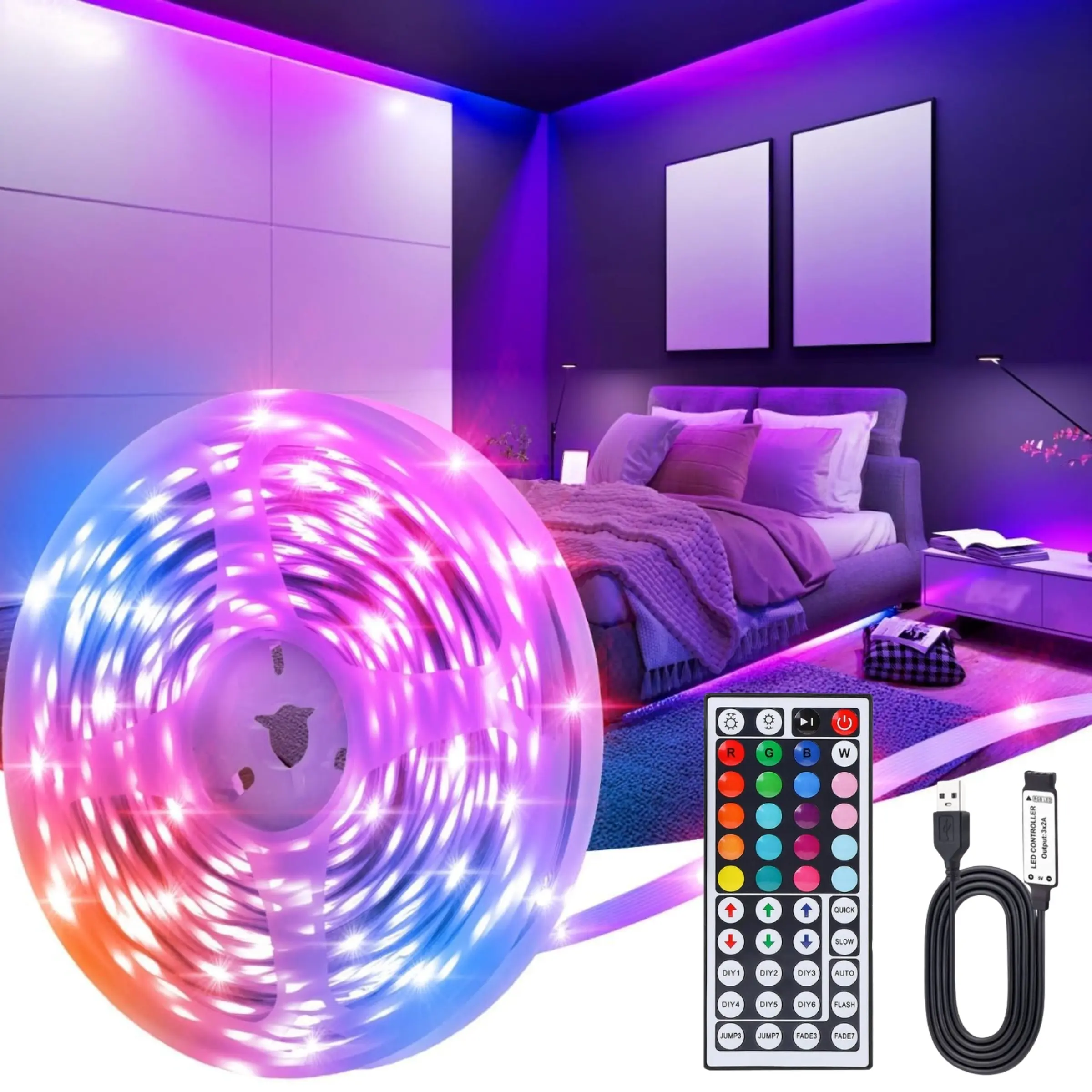 Smart RGB LED Strip Light Tape Dimmable RGB Stripe with Remote Control, Dimmable Low Voltage Adjustable Brightness Led Adjustable Vibrant RGB Lighting, LED Lights Strips Adjustable Leds for Bedroom Room Decor Party Holiday Decoration