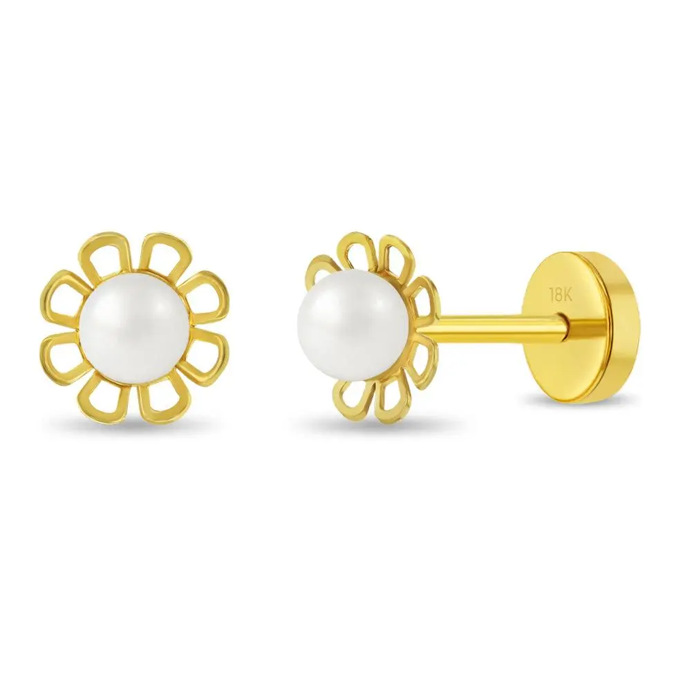18k Gold Freshwater Cultured Pearl Flower Baby / Toddler / Kids Earrings Safety Push Back