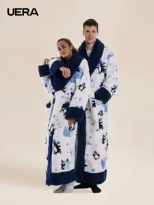 Luxurious Full-Print Pizza Bathrobe, Housecoat, Shawl Collar Design, Elegant Waist Belt, Large Pockets, Unisex, Soft and Comfortable