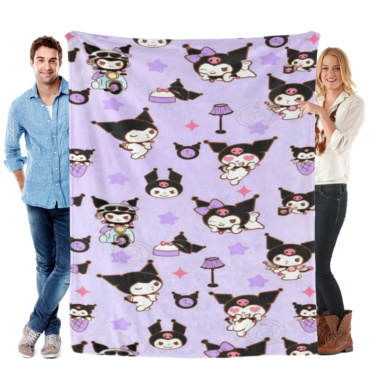 Sanrio Light Purple Daily Kuromi Blanket, Soft Fleece Throw Blanket, Star Clock Motif For Bed Sofa, Gifts For Sanrio Kawaii Teen Collectors