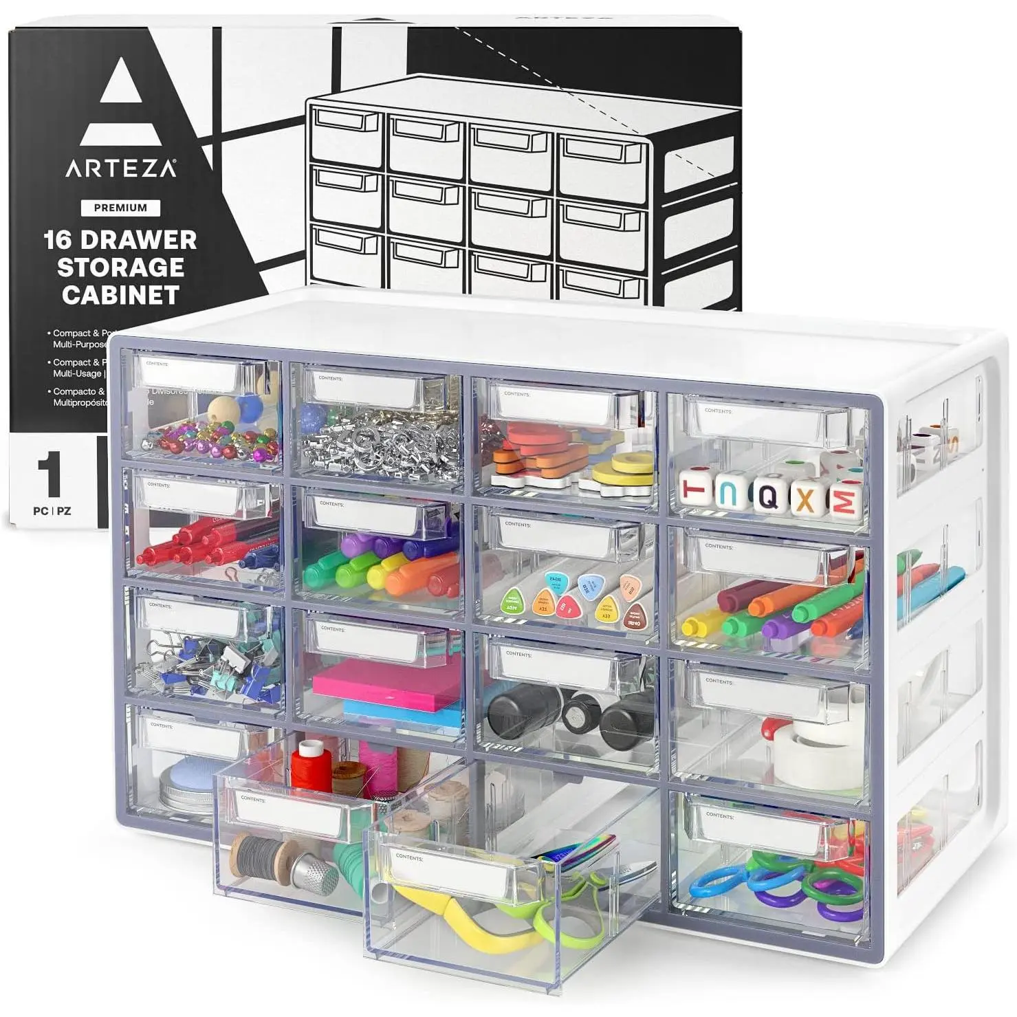 16 Drawer Storage Cabinet, 17.7 x 8.2 x 10.9 inches, White, Plastic Drawers with Stoppers, Multi Compartment Organizer for Makeup and Art Supplies