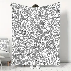 Black White Floral Mandala Blanket, Soft Flannel Coloring Book Style Throw with Boho Flower Doodle Print, Cozy Gift for Women Girls Teens and Art Lovers, Aesthetic Room Decor for Bed Couch Sofa Dorm, Lightweight Blanket for Naptime Movie Night