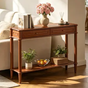 Farmhouse Solid Wood Console Table with Charging Station, Retro Entryway Table with 2 Drawers, Easy Assemble Sofa Table with Bottom Shelf for Entryway, Narrow Long Couch Table for Foyer, Behind Sofa Table for Living Room