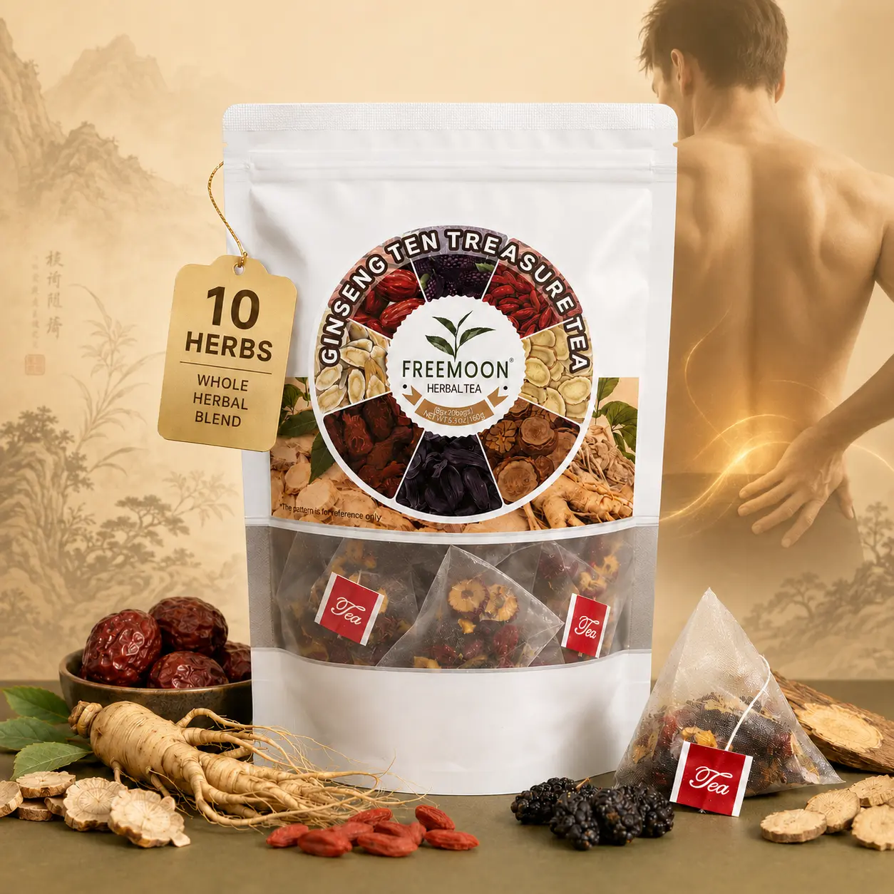 Upgraded 10-in-1 Natural Herbal Tea Bags, Ginseng Goji Berry Red Date Blend Herbal Tea for Calming Sleep & Relaxation, 160g 20-Pack Organic Kidney Support Beverage for Daily Wellness, Digestive Detox & Cortisol Balance