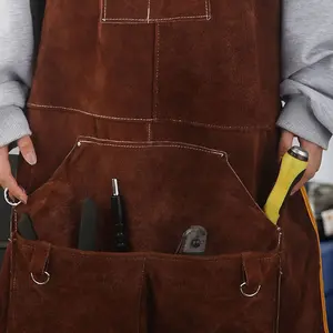 Heavy-Duty Faux Leather Welding Apron, 23.6" x 41.3", Adjustable with Fire & Splash Protection - Brown with Orange Stitching, Multiple Pockets for Tools, Ideal for Welders, Men & Women, Welding Tools And Accessories