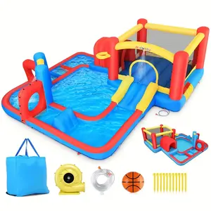 Whubefy Inflatable Bounce House with Water Slide for Kids, Obstacle Bounce House for Racing Fun, Adventure A-Maze Waterslide,Climbing, Jumping Castle House,Splash Blow Up Water Slides for Kids Backyard,Christmas Gifts