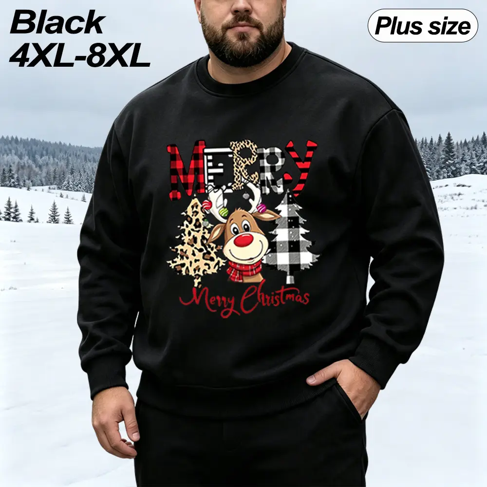 【4XL-8XL】Men’s winter fleece sweatshirt, ultra-large size, Christmas vibe crew neck long sleeves, loungewear with a Christmas print design, loose casual crew-neck fit, fleece-lined long sleeves, suitable for home lounging and outdoor walks