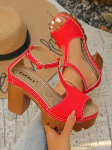 Summer New Chunky Heel Thick Sole Sandals for Women, Fish Mouth Peep Toe T-Strap Waterproof Platform High Heels, Vintage Roman Shoes