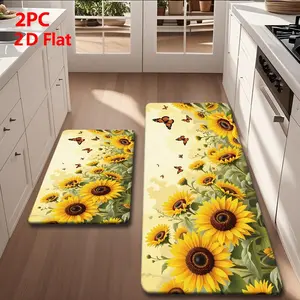 2/3pcs Soft Flannel Kitchen Mat Set, Floor Mat, Sunflower & Butterfly Design, Non-Slip, Absorbent, Bathroom, Laundry Room, Hallway