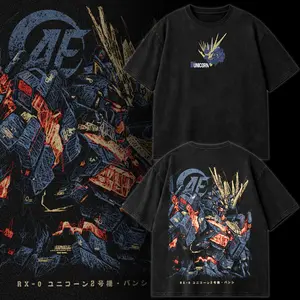 Gundam Mobile Suit RX0 Unicorn Banshee Origin Retro Unisex Vintage Double Printed Heavyweight Cotton Oversized Wash Tee, Workout Clothes, Gym Workouts, Clothes for Daily Wear