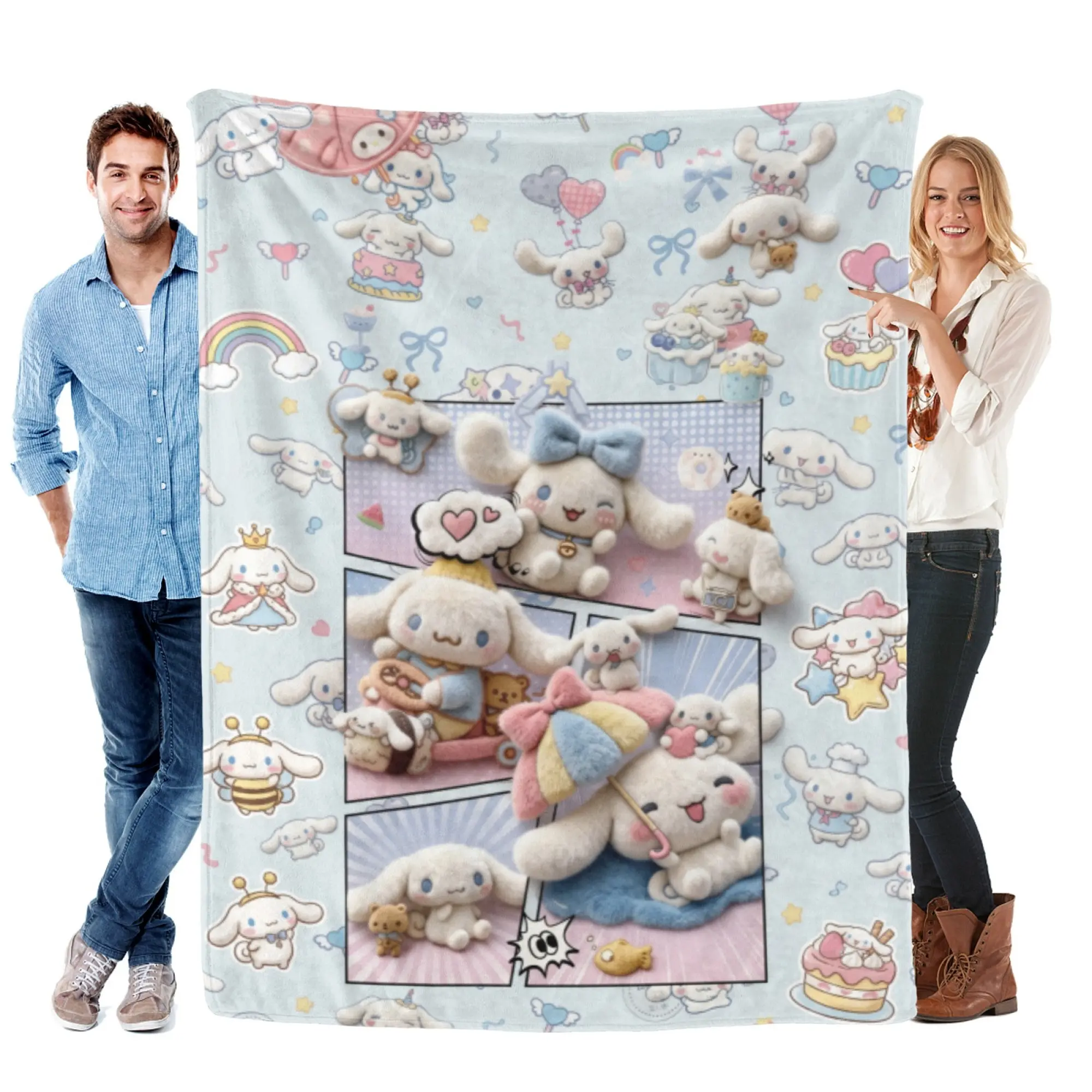 [SummerVibes] SANRIO CLASSIC Cinnamoroll Soft Flannel Blanket, Pastel Blue Comic Panel 2D Print Cozy Throw for Bed, Couch, Office Nap & Kawaii Gifts