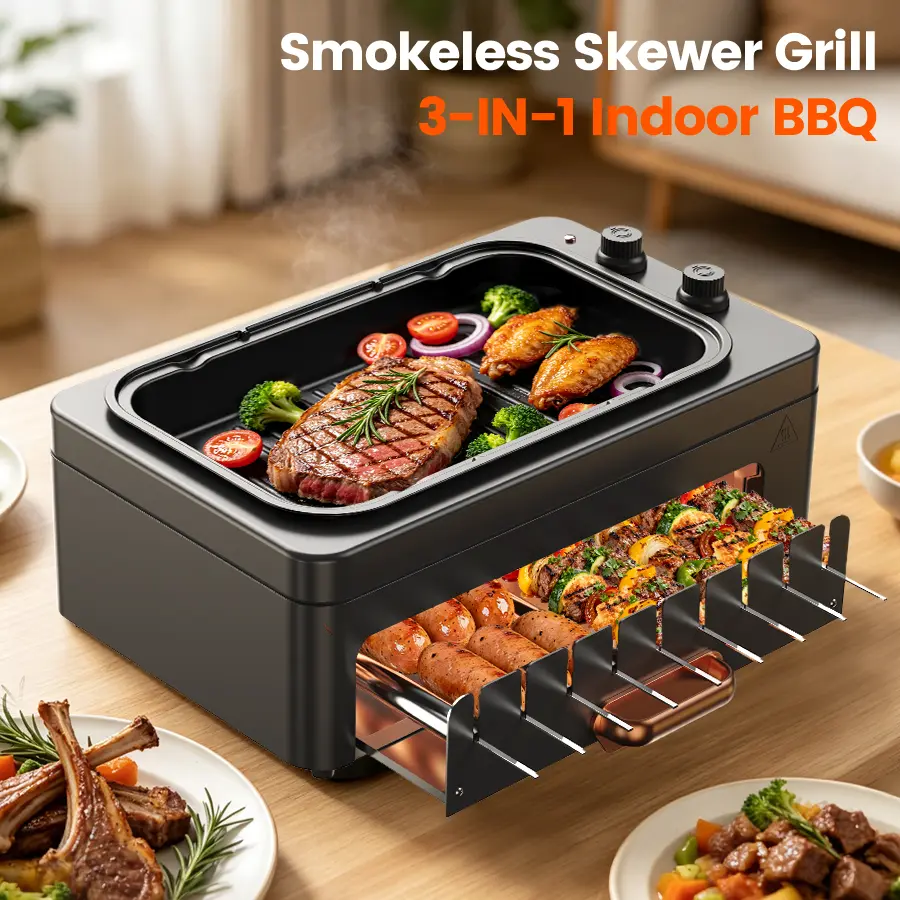 Multi-Function Smokeless Grill - 4-in-1 Portable Electric Indoor BBQ with Lid, 360° Roller, Kabob Skewers, Non-Stick Griddle, Adjustable Temp Control, Removable Dishwasher-Safe Parts - Ideal for Home, Dorm Use