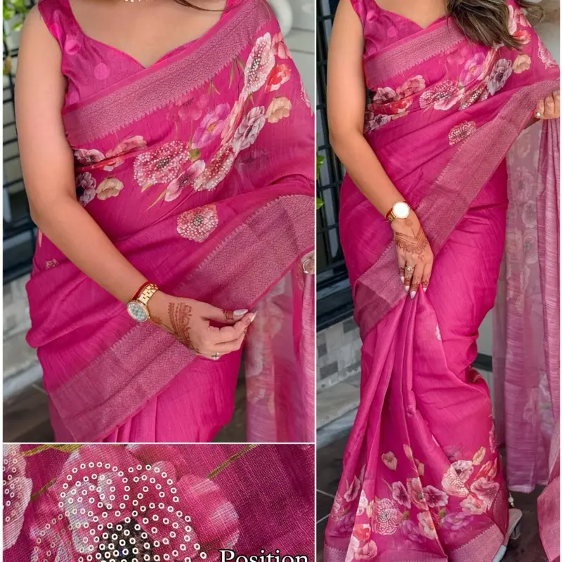 Flower blossom 3d print saree with fancy tussles in pallu with ready Blause free size