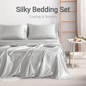 Bedsum 3/4 Piece Satin Bedding Set, Ultra Soft Silky Luxury Bed Sheets with Envelope Pillowcases, OEKO-TEX Certified, Frictionless for Hair & Skin, Anti-Acne Smooth Bedding, Queen King Size