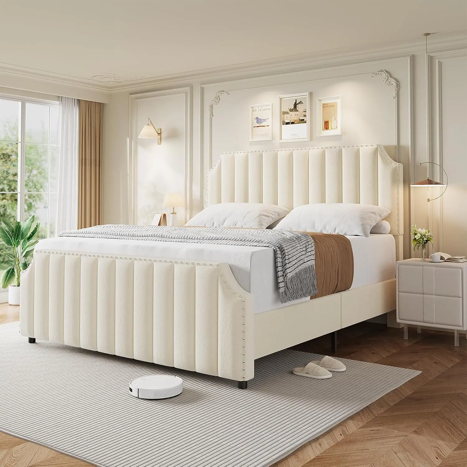 QUEEN/King Velvet Bed Frame, Metal Platform Bed Frame with Nailhead Trim, 50.2 in Tall Headboard, Footboard, Sturdy Wooden Slats Support, Noise Free