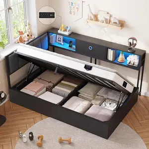 Sikaic Corner Lift up Storage Bed Frame with LED Lights and Charging Station Daybed for Kid/Teen with Hydraulic Storage and Bookcase, Platform Corner Bed with Upholstered Headboard