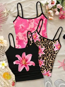 3-piece set of girls' tropical floral print summer tank tops, featuring hibiscus, lily, and leopard print thin tank tops in pink, black, and brown, suitable for children and teenagers, making it the perfect seasonal gift for your child