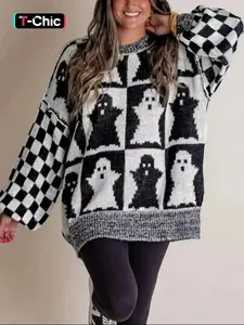 Halloween Plaid Oversized Thick Sweater, Ghost Pattern, Breathable Round Neck Colorblock Long Sleeve Knitwear, Spring & Fall Casual Wear, Womenswear
