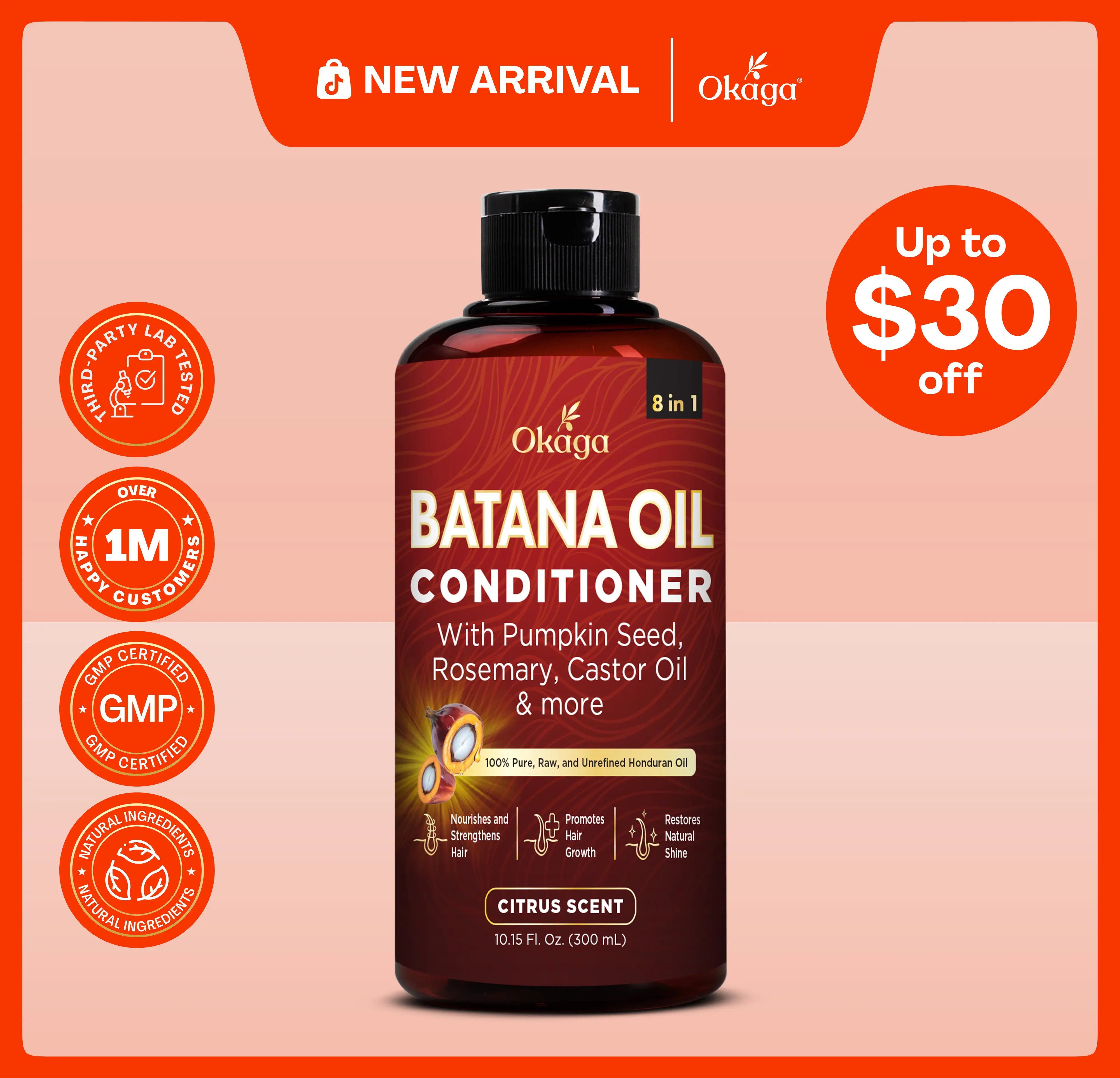 Okaga Batana Oil Conditioner - Support Hair Growth, Hydration, & Shine - 8 in 1 Formula of Natural & Organic Ingredients for Healthy Hair - (300 mL)