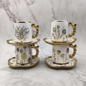 Elegant Ceramic Coffee Cup Set, Matcha Latte Cups, Electroplated, Non-Fading, Includes Saucer, Perfect for Tea & Coffee, Home Use Gift Idea