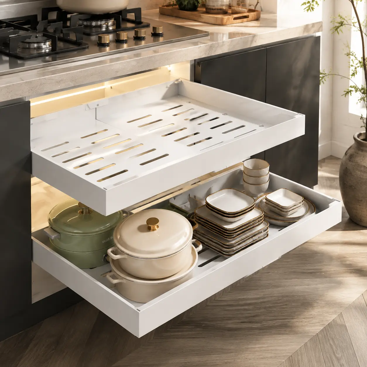 Adjustable Steel Cabinet Pullout Organizer Pack - 12-18" W Expandable, 14-24" D Roll Out Drawer, No-Drill Adhesive/Screw Installation, 3-Rail Space-Saving Heavy-Duty Home Storage Rack for Kitchen Pots & Pans