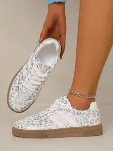 Women's Silver Leopard Print Lace-Up Sneakers - Low-Top Casual Shoes with Brown Sole for Trendy Streetwear