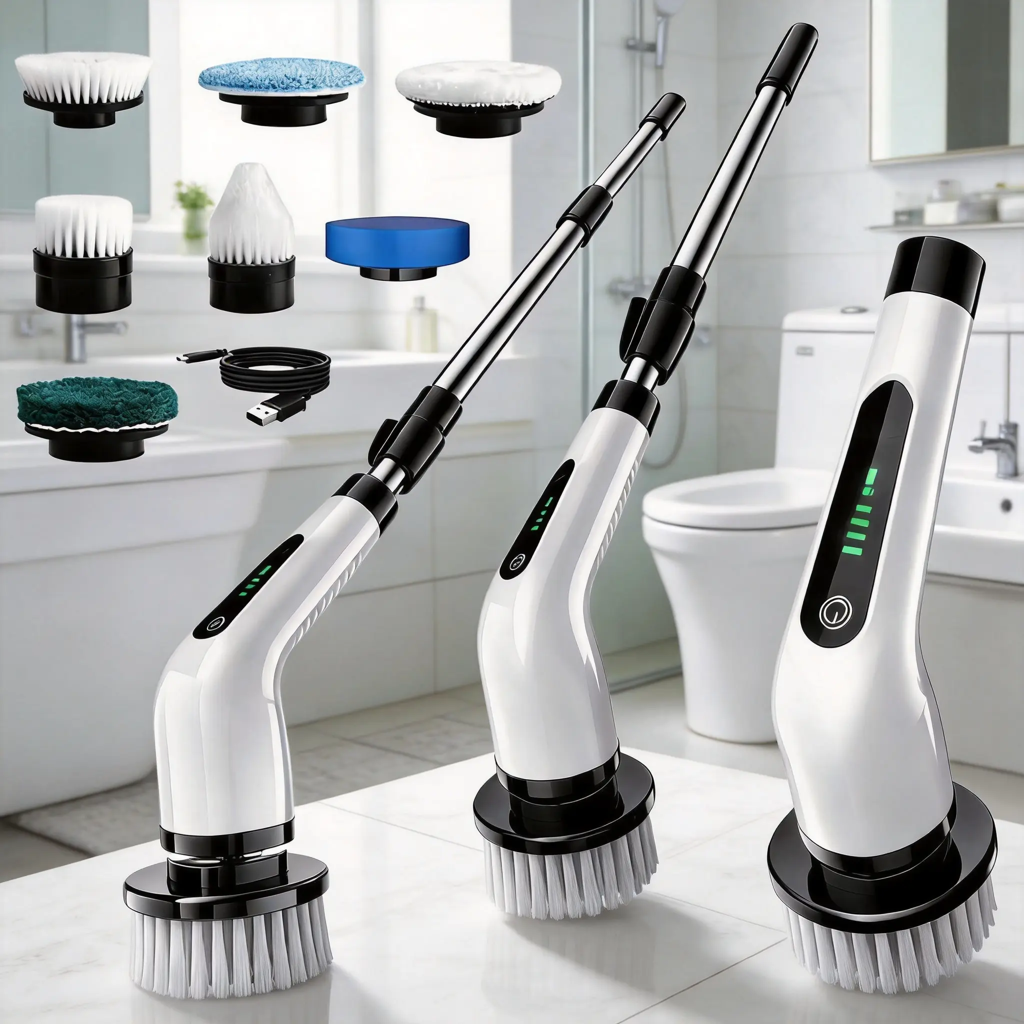 Electric rotating brush, household wireless cleaning brush, dual-speed cleaning, equipped with 7 replaceable brush heads and adjustable extension handle, capable of 360-degree wireless cleaning