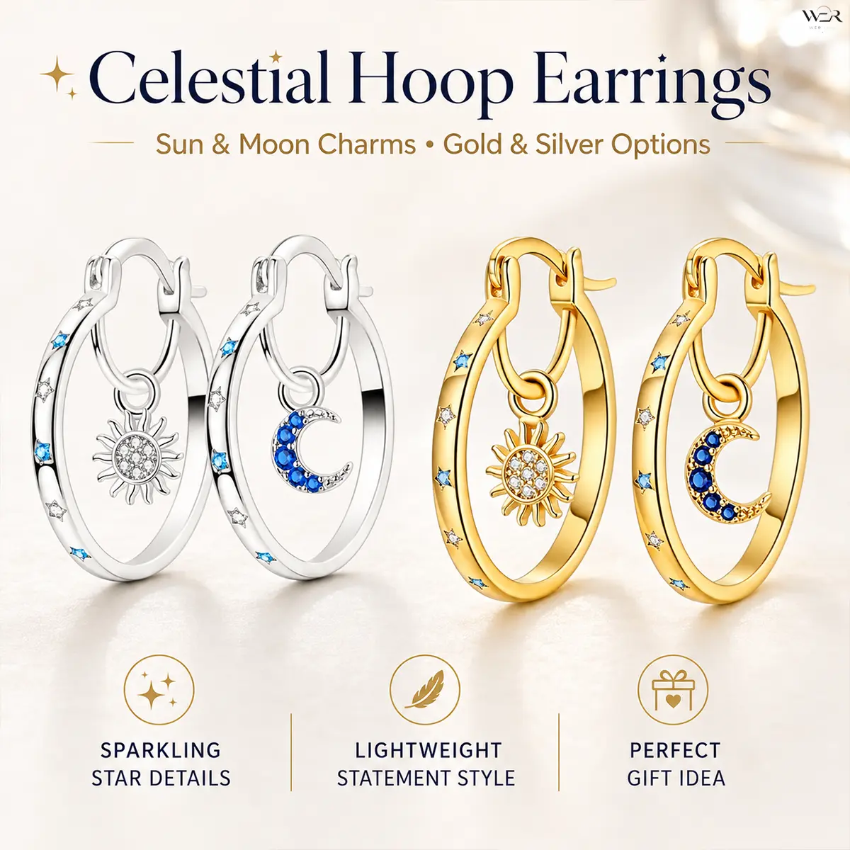 Celestial Gold Hoop Earrings for Women with Asymmetrical Sun & Moon Star Motif, Elegant Aesthetic Earrings with Sparkling Bling Effect, Lightweight Statement Jewelry for Daily Wear, Earrings Gold Hoops, Sparkling Ear Jewelry