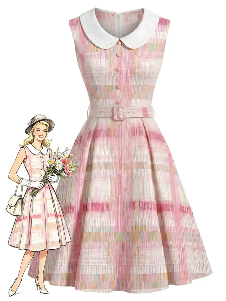 Pink 1950s Plaid Peter Pan Collar Sleeveless Dress Backtoschool