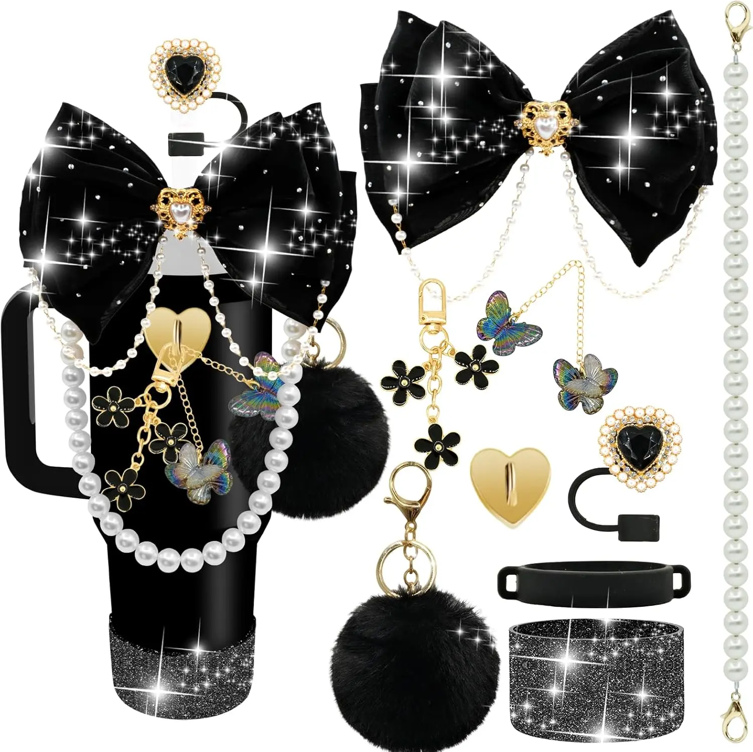 Stanley Cup accessories, suitable for 40/30/20 oz insulated cups with handles, including sequin bow straw decorations, heart-shaped straw covers, pearl water bottle straps, cup sleeves, pom-poms, and keychain pendants (black)
