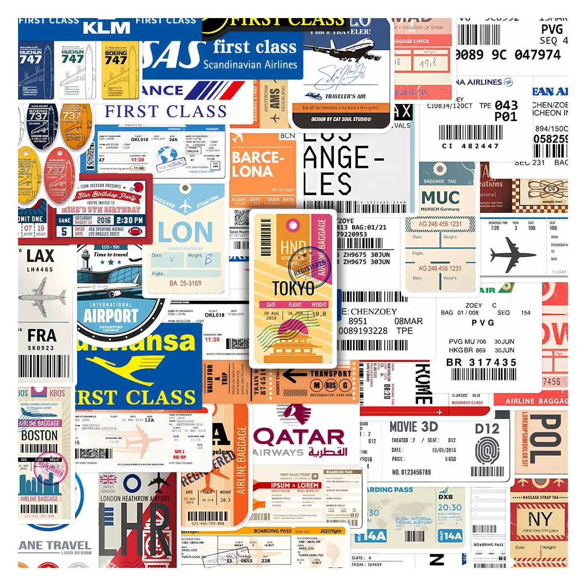 50Pcs Travel Luggage Tag Stickers Pack, Waterproof Vintage World Airport & Boarding Pass Vinyl Decals for Laptop, Water Bottle, Suitcase & Journal, Travel Lover Gift