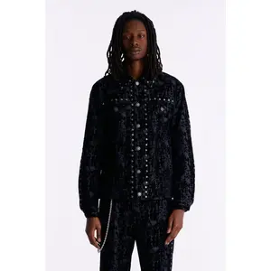 Social Stud Flocked Denim Trucker Jacket - Indigo