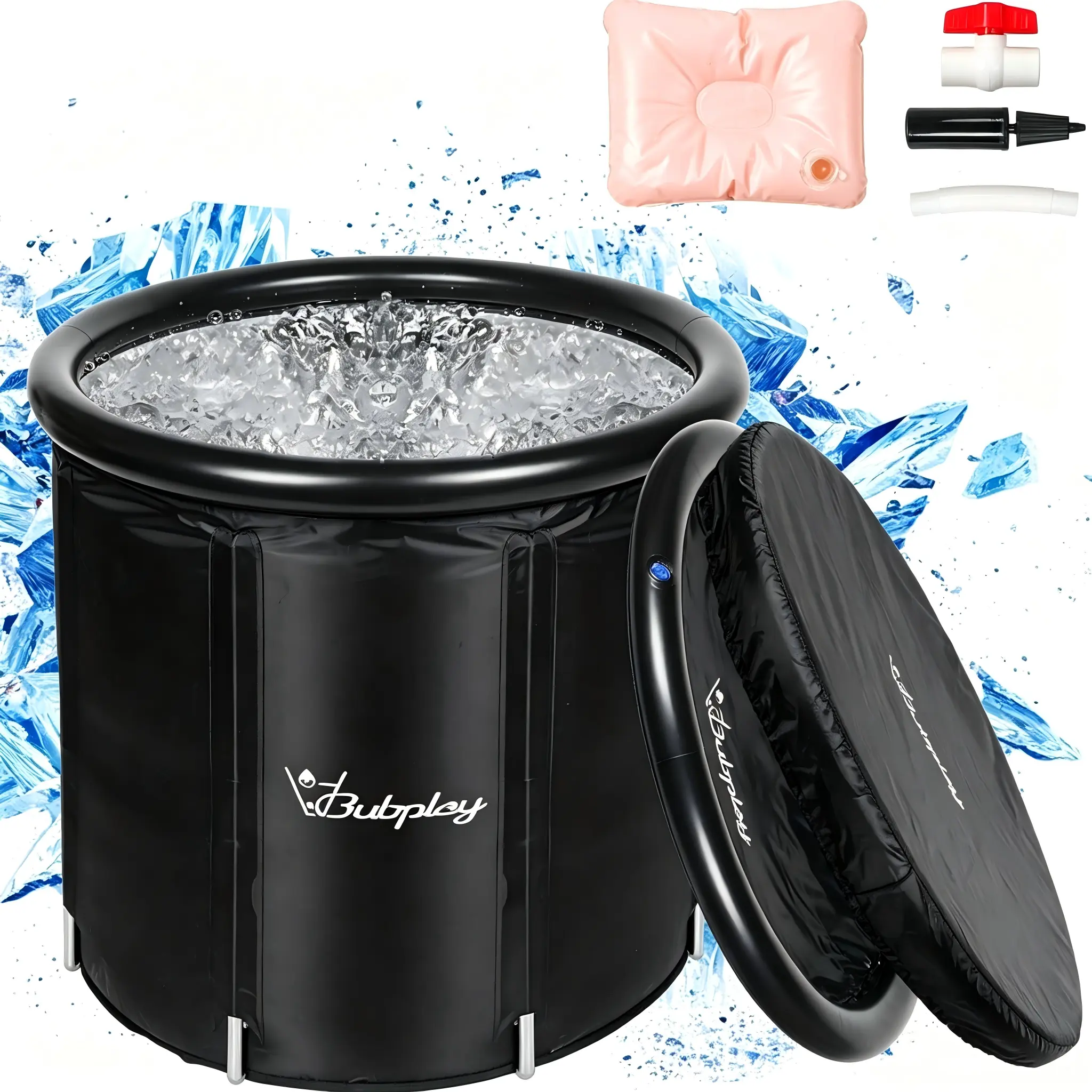 Portable Freestanding Ice Bath Tub, Circular Matte Black Cold Plunge for Indoor & Outdoor Use, Insulated with Thermal Lid and Flexible Drain Hose, Freestanding Tub, 1 X Bubplay Foldable Insulated Tub Body