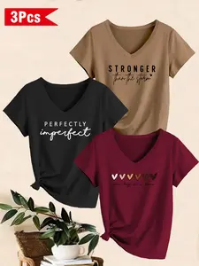 Women's 3-Pack V-Neck Short Sleeve T-Shirts, Letter and Heart Print, Casual Summer Top, All Seasons, Fashion Women's Clothing, Womenswear