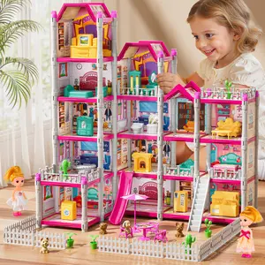 Home Pink Girl DIY Room Kits with Dolls, Fashion Villa Toy, Pretend Building Toy with Accessories.Movable miniature furniture, furniture can be placed anywhere, soft and harmless colors.