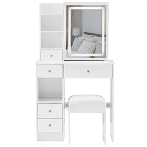 Makeup Vanity Table with LED Mirror & Drawer Storage 29.2" Left-Side Dressing Desk with Stool Touch Control Lights 3-Color LED Mirror Complete Set for Small Bedroom Space-Saving Design