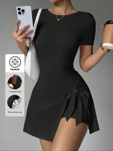 New Plain Short Sleeve Jumpsuit with Tie Waist, Stylish Yoga Tennis Solid Sports Dress, Athletic Dress for Women, Trendy Sporty Bodysuit for Active Lifestyle