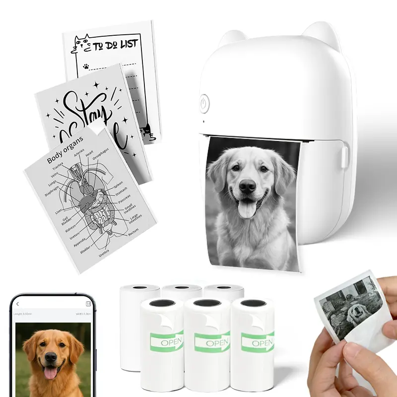 Mini Portable Label AI Printer, Kids Sticker Maker, Built-in ChatGPT Toy (with APP, Regular＆Adhesive Printing Paper, Type-C Cable and Watercolor Pen)