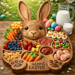 Happy Easter Bunny-Shaped Wooden Plate for Dinner - Cheerful Multi-Section Platter for Cold Dishes Handcrafted Wood Serving Tray