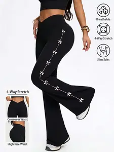 Women Crossover Waist Bow Print Flared Pants, High Rise Tummy Control, Breathable 4-Way Stretch Soft Fabric, Perfect for Yoga, Gym Workouts & Daily Wear, Fitness Yoga Pants