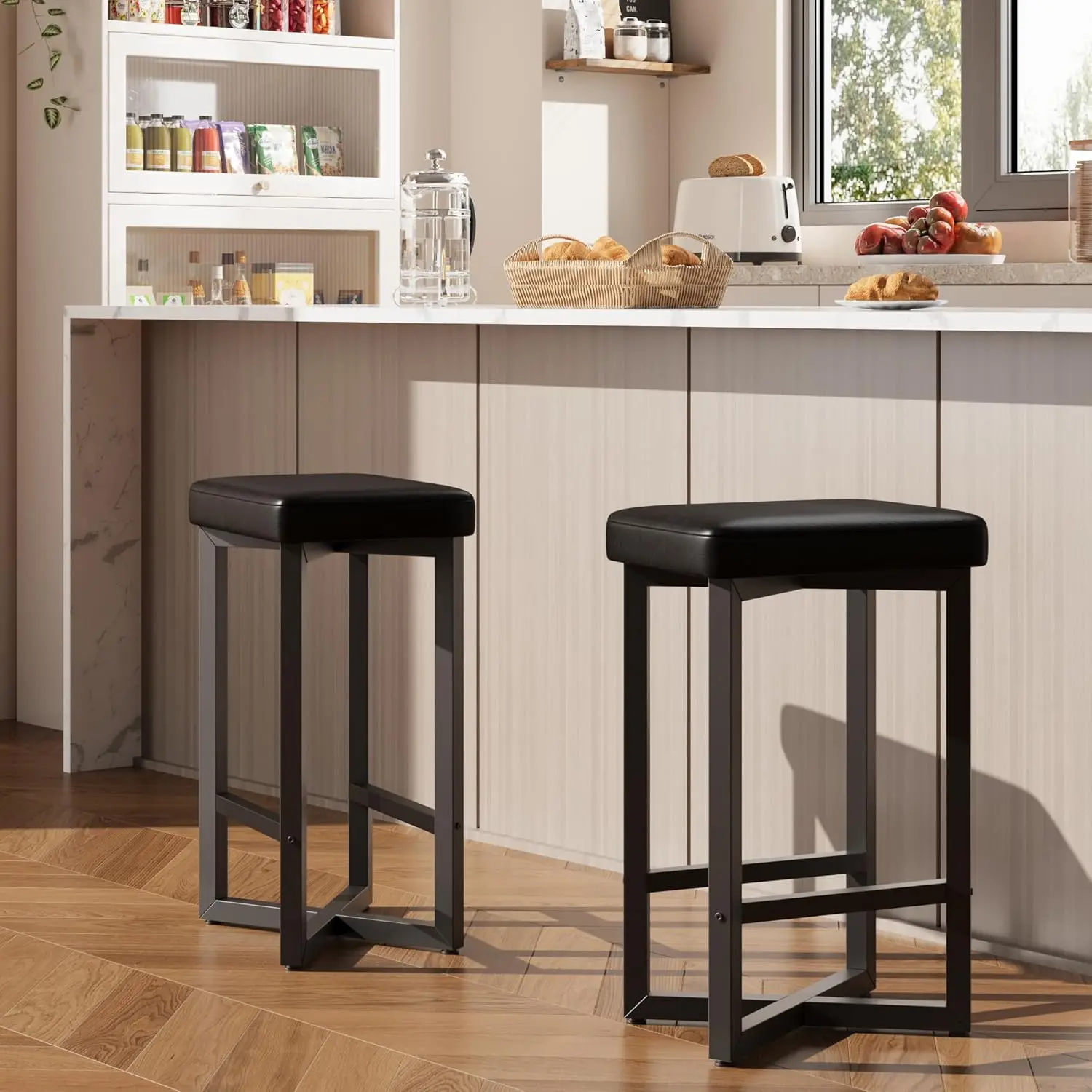 Gaomon 2-Piece Backless Bar Stools, 24.6in Counter Height, Minimalist PU Leather Upholstered 15.7in Wide Ergonomic Seats, Metal X-Frame Base with 5.9in Footrest & Adjustable Feet, Easy Setup for Kitchen Islands, Black