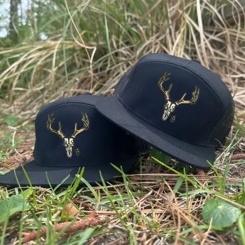 Deer Skull Trucker Hat, Whitetail Hunting 7 Panel Snapback, Antler Buck Mesh Back Cap, Outdoor Hunter Hat, Black Flat Bill Trucker, Gift for Deer Hunter, Hunting Cap