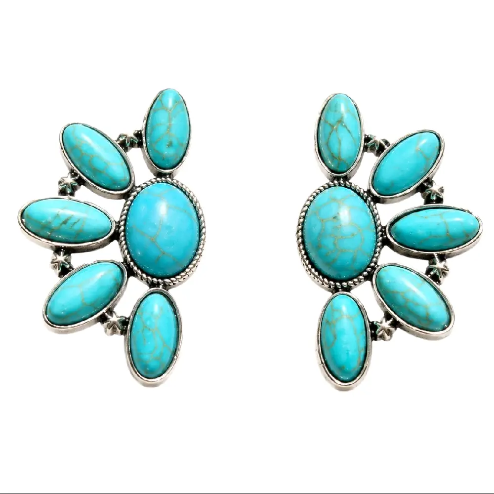 Women's Oversized Western-Inspired Dangle Earrings - Arkansas Derby Turquoise-Inspired Metal-Coated Bold Statement Gemstone Costume Jewelry, Chic Female Accessories for Rodeo Enthusiasts, Ideal for Rodeo Events, Western Inspired Earrings, Statement Gemsto