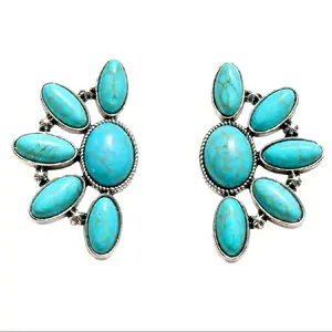 Women's Oversized Western-Inspired Dangle Earrings - Arkansas Derby Turquoise-Inspired Metal-Coated Bold Statement Gemstone Costume Jewelry, Chic Female Accessories for Rodeo Enthusiasts, Ideal for Rodeo Events, Western Inspired Earrings, Statement Gemsto