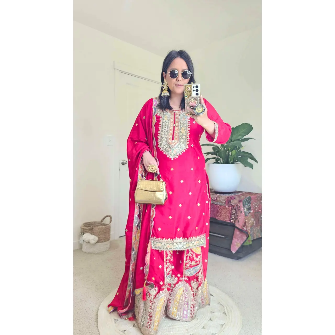 Women's Premium Chinnon 3-Piece Red Sharara Suit - Partywear Pants, Stylish Statement Outfit for Women's Special Occasions, Women's Clothes