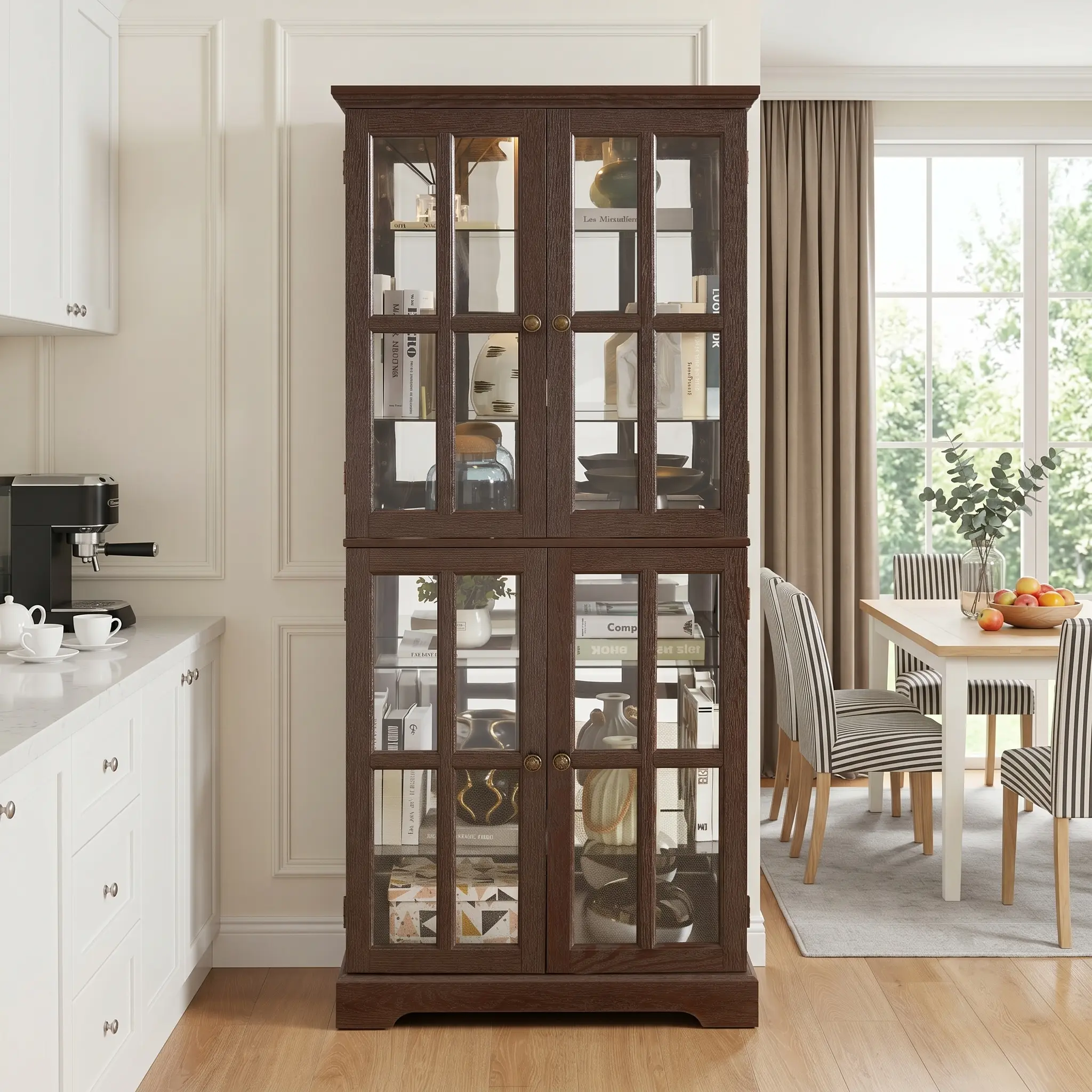 Eyisean 69" Lighted Curio Cabinet with Glass Doors, Tall Display Showcase with Adjustable Shelves, 150 Lbs Weight Capacity, Freestanding Storage Cabinet for Collectible Living Room & Home Office