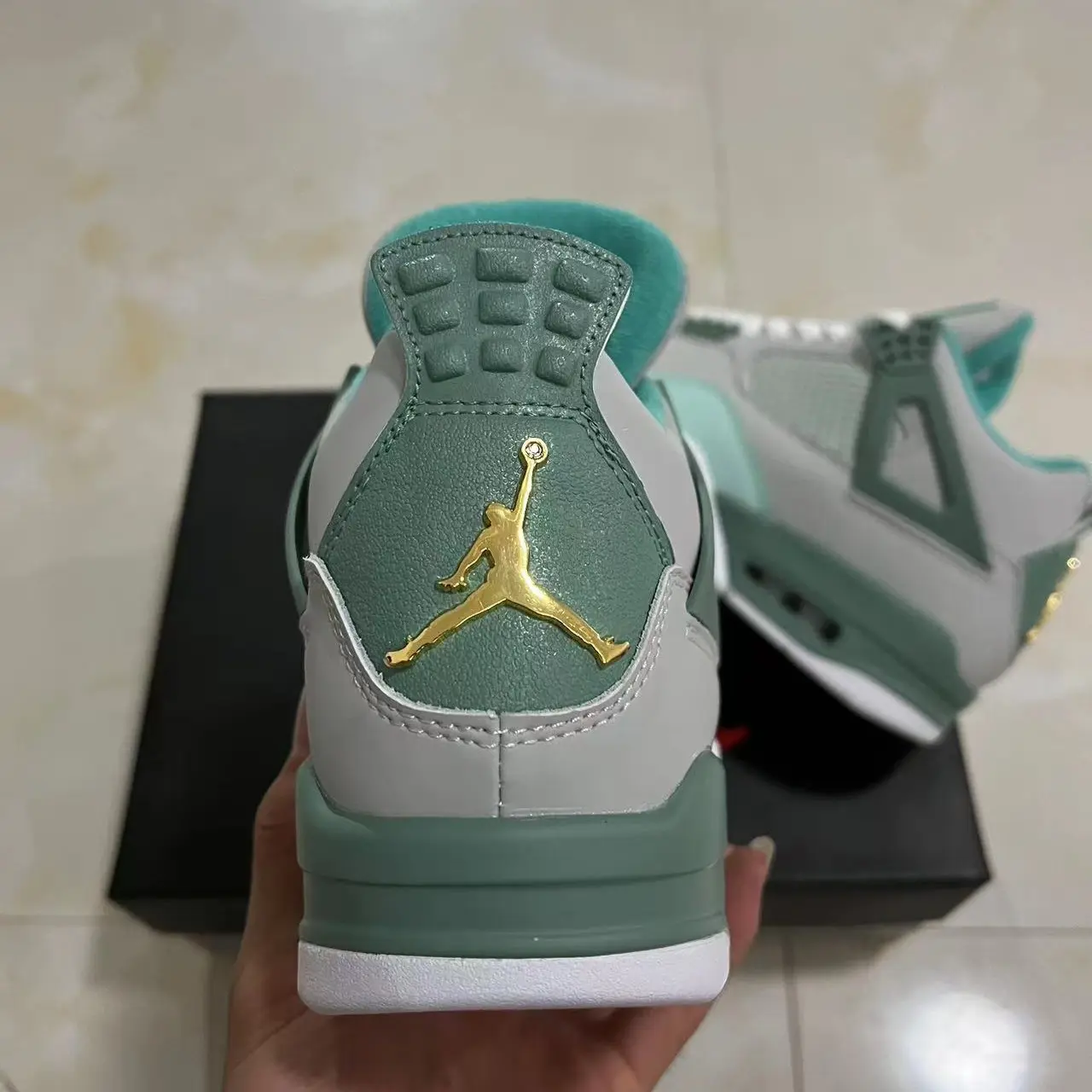 Brand New Sealed Unisex Grey Smooth Leather Mid Top Retro Basketball Sneakers, Mint Green Decor Panel Gold Metal Buckle White Rubber Midsole Breathable Mesh Casual Street Sports Shoes With Original Shoe Box