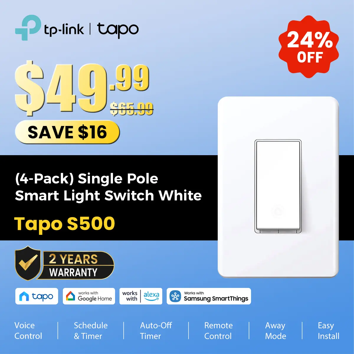 TP-Link & Tapo S500 (4-Pack)  Single-Pole Smart Light Switch | Matter-Ready* | Works with Alexa, Google & Samsung Bixby | App & Voice Control | Scheduling & Away Mode | Neutral Wire Required | UL Certified | No Hub Needed #SummerWins #DealsForYouDays