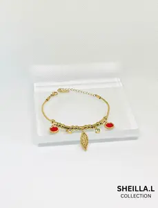 18k Gold Charm Bracelet with Red Hearts