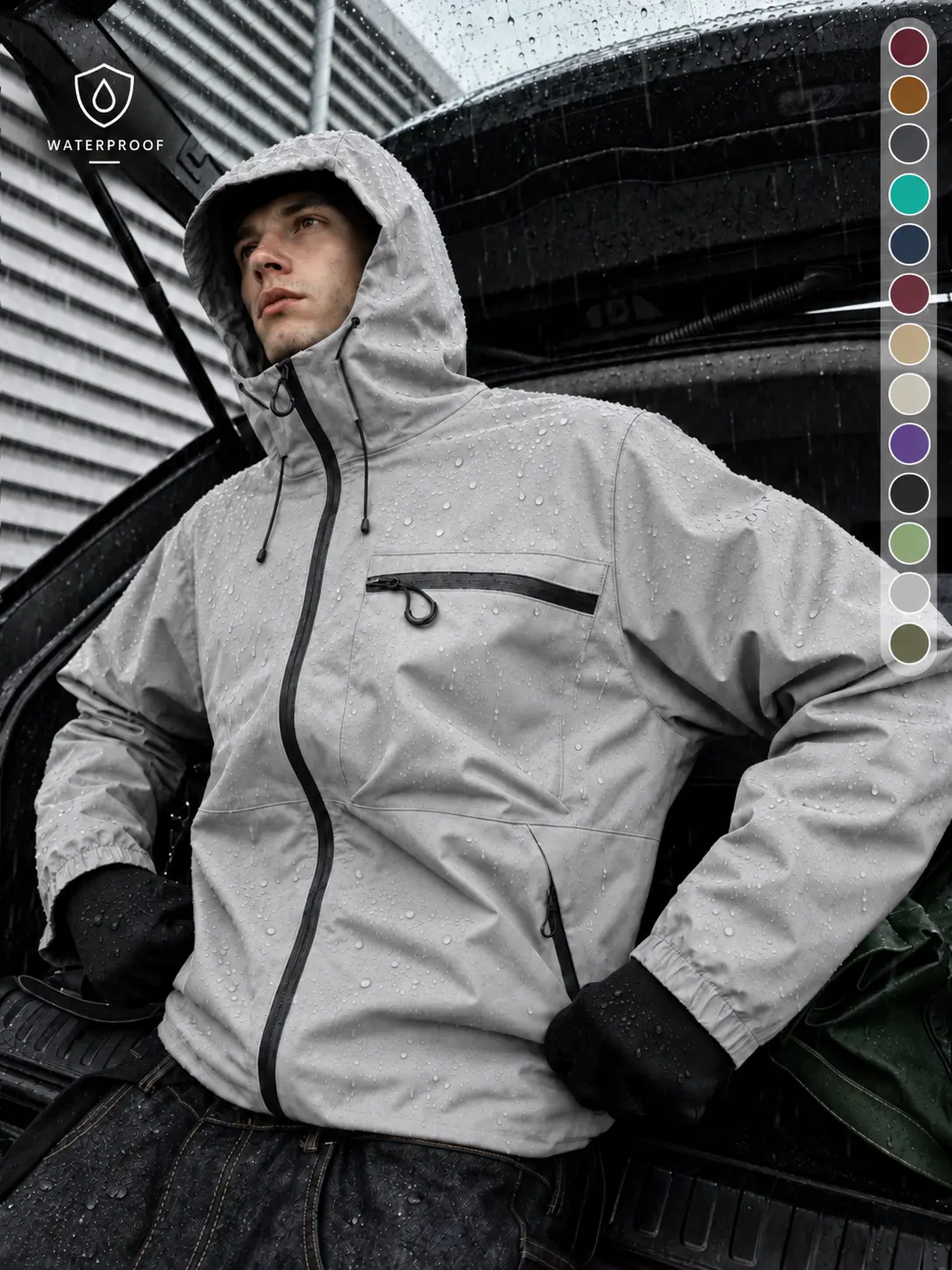 Sohochic Men’s Hooded Jacket - Waterproof, Windproof, Lightweight Woven Patchwork Preppy Coat with 4-Pocket Carry, Zippered Pockets, Outdoor Hiking Shell, Casual Fall-Winter Streetwear, 4Pocket Carry